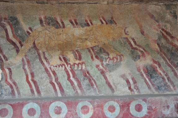 A famosa pintura de jaguar, nas ruínas de templo de Teotihuacán, ao norte da Cidade do México